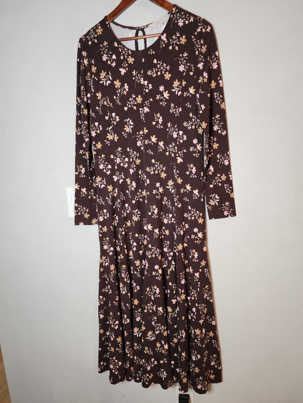 Ann Taylor Loft Modal Jersey Knit Brown Floral Godet Midi Dress Size Medium